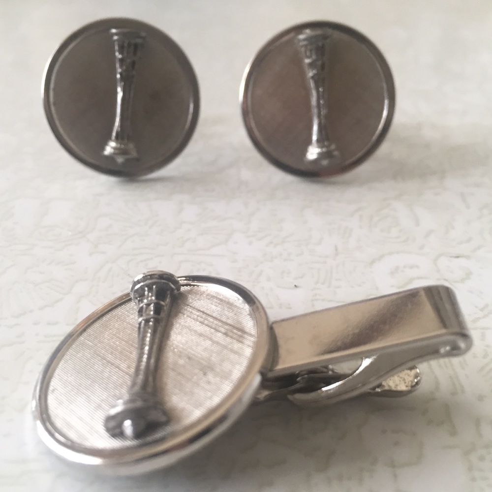 Vintage Brushed Silver-Tone Tie Clip and Cuff Links Set